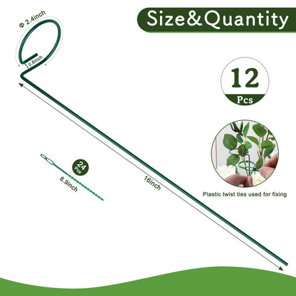 FEED GARDEN 16 Inch 12 Pack Plant Support Stakes, Metal Garden Flower Stakes and Supports for Outdoor Plants, Plant Stem Support with 24 Twist Ties for Amaryllis Lily Rose Peony Tomatoes Gladiolus