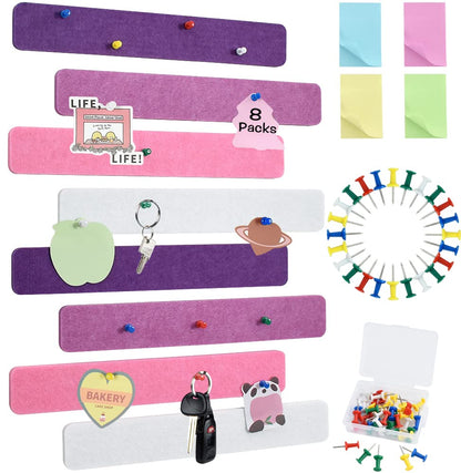 Vuzvuv 8 pcs Bulletin Board Bar Strips with 50 Pushpins & 10 Wooden Clip pins，Self Adhesive Cork Board for Wall，Felt Pin Board for School，Office Decor(Purple Rose)