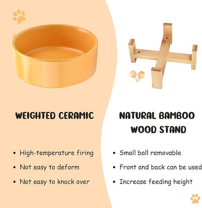 SPUNKYJUNKY 15° Slanted Ceramic Dog and Cat Bowl with Wooden Stand, Tilted Bulldog Food and Water Bowl No Slip Non-Spill for Cats Medium Dogs Big Face Pets 28.7 OZ (3.6 Cups, Yellow)