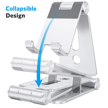 OMOTON Foldable Cell Phone Stand, C4 Portable Aluminum Phone Holder, Adjustable Phone Dock Cradle Compatible with iPhone 17/16/15 Pro Max Air, Samsung Galaxy, Small Tablets, All Smart Phones, Silver
