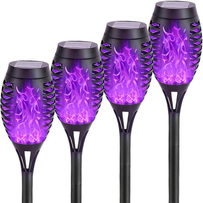 HSKMNFCQF 4 Pack Solar Flame Lights Outdoor, Flickering Flame Torch Lights, IP65 Waterproof Solar Powered Garden Lights for Patio Lawn Yard Pathway Decor (Purple)