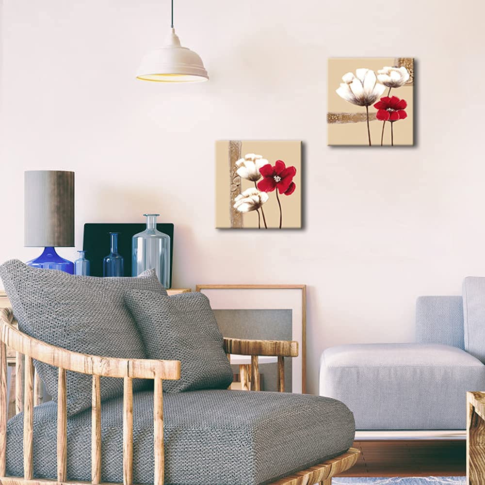 Wieco Art Red and White Flowers Canvas Prints Wall Art Abstract Floral Oil Paintings Style Pictures for Living Room Bedroom Bathroom Home Decorations 2 Piece Modern Stretched and Framed Grace Artwork