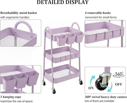 danpinera 3-Tier Rolling Cart, Utility Cart Mobile Metal Rolling Storage Cart with Lockable Wheels & Hanging Cups & Hooks for Kitchen, Bathroom, Office, Workshop, Purple