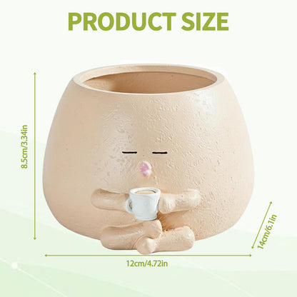 Yhupl Cute Smiling face Coffee Cup Shaped Flower Pot, Unique Seated Resin Planter, with Drainage Holes, Creative Small Home Decoration, Suitable for Indoor and Outdoor Planting (Beige)