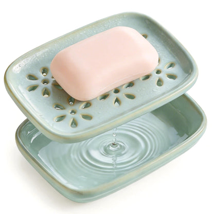 Miamolo Soap Dish for Shower with Drainage, 2-Tier Soap Holder for Bar Soap Sponge, Ceramic Soap Dish with Removable Drip Tray for Bathroom Sink, Mess-Free, Easy Cleaning Dishwasher Safe, Blue