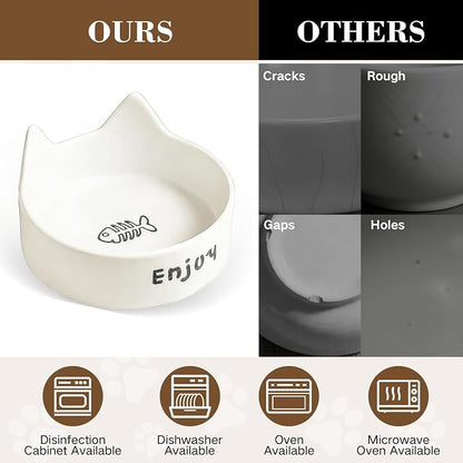 Ceramic Dog and Cat Bowl Set with Wooden Stand Slip Matte Glaze Heavy Weighted Food & Water Dish-White Cat Ear-6.76 OZ