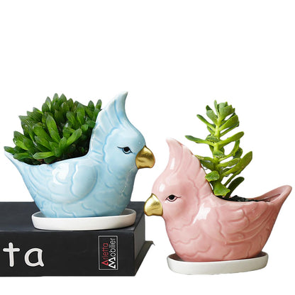 ourhommie 5.6Inch Parrot Succulent Planter Cute Bird Ceramic Pot White Small Porcelain Bonsai Pots Cactus Flowerpot Air Plant Holder Display Container for Home Office Desk Windowwill Decor, No Plants