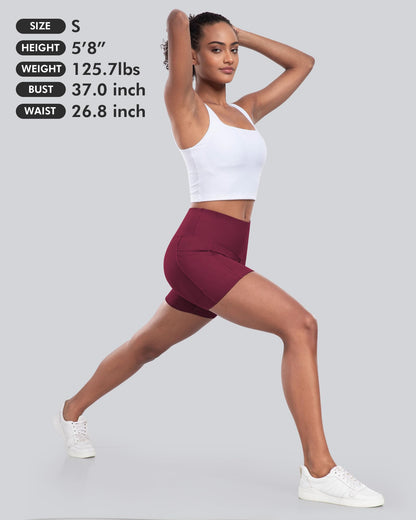 CHRLEISURE Womens Biker Yoga Shorts with Pockets: High Waisted Tummy Control Spandex Workout Athletic Gym Shorts 4 Packs(5'' Black,Gray,Navy,Wine, M)