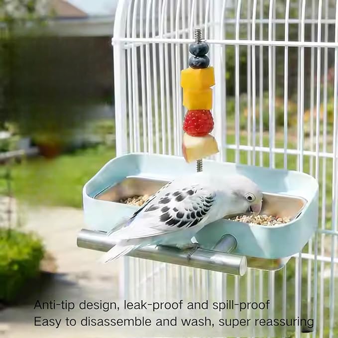 Bird Feeder Birds Bowls Stainless Steel Dishes Coop Cups with Fruit Skewer, Parrot Feeding Dish Cups Food Water Bowls with Bird Food Holder for Budgies Lovebirds (Yellow,Oval)