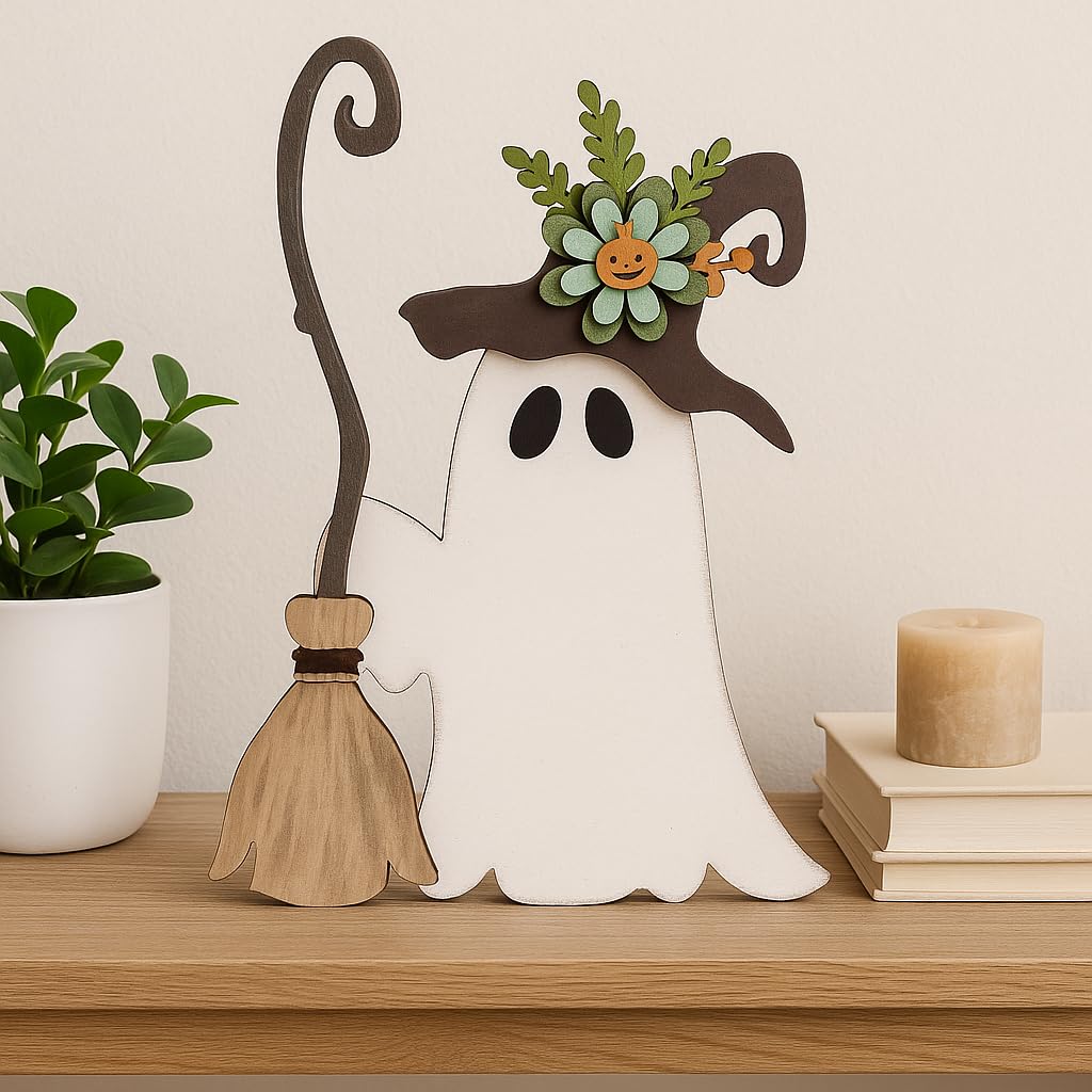HH Family Halloween Table Decor Ghost Witch Rustic Wooden Decorations for Tiered Tray Shelf Mantel Party Display (Witch D1)