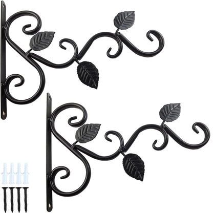 TIHOOD 2PCS Wall Hook Hanging Plant Brackets, Metal Plant Bracket Iron Wall Mount Leaf Black Hangers for Hanging Bird Feeders, Lanterns, Wind Chimes, Planters, Outdoor Decoration Hooks