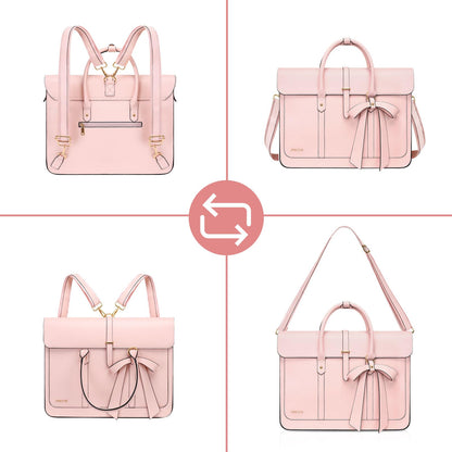 MOSISO Laptop Bag for Women, 15-15.6 inch PU Leather Laptop Shoulder Bags Convertible Backpack, 16 inch Messenger Bags Casual Handbag Work Briefcase Travel Computer Bag with Bowknot, Pink