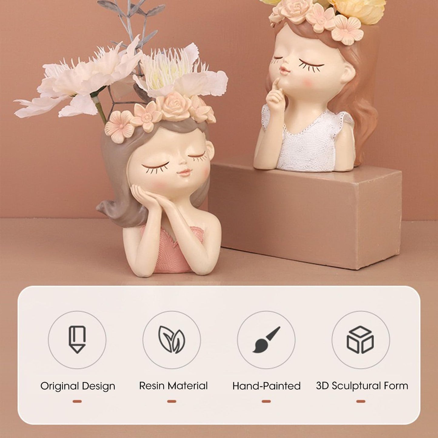 Cute Angel Face Succulent Planter Pot with Drainage Hole, Large Girl Face Resin Flower Pot for Indoor&Outdoor, 4.33 inch Tall Lady Head Planter, Unique Garden Home Decor Gift for Plant Lovers - Pink