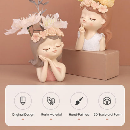 Cute Angel Face Succulent Planter Pot with Drainage Hole, Large Girl Face Resin Flower Pot for Indoor&Outdoor, 4.33 inch Tall Lady Head Planter, Unique Garden Home Decor Gift for Plant Lovers - Pink