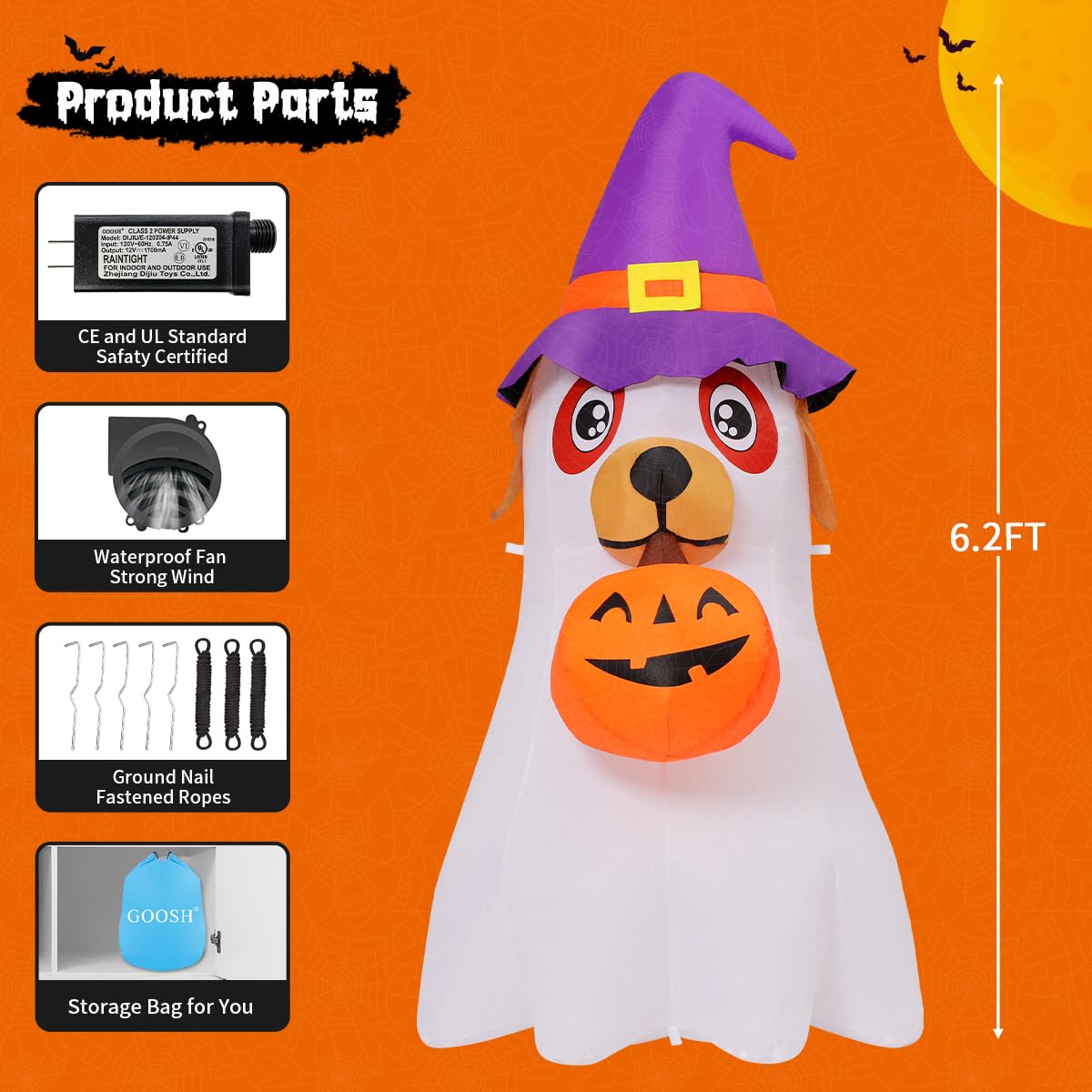 GOOSH 6.2 FT Halloween Inflatables Dog Outdoor Decorations Blow Up Yard Cute Puppy Ghost with Pumpkin with Built-in LEDs for Indoor Party Garden Lawn Holiday Decor