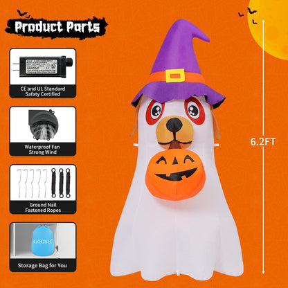 GOOSH 6.2 FT Halloween Inflatables Dog Outdoor Decorations Blow Up Yard Cute Puppy Ghost with Pumpkin with Built-in LEDs for Indoor Party Garden Lawn Holiday Decor