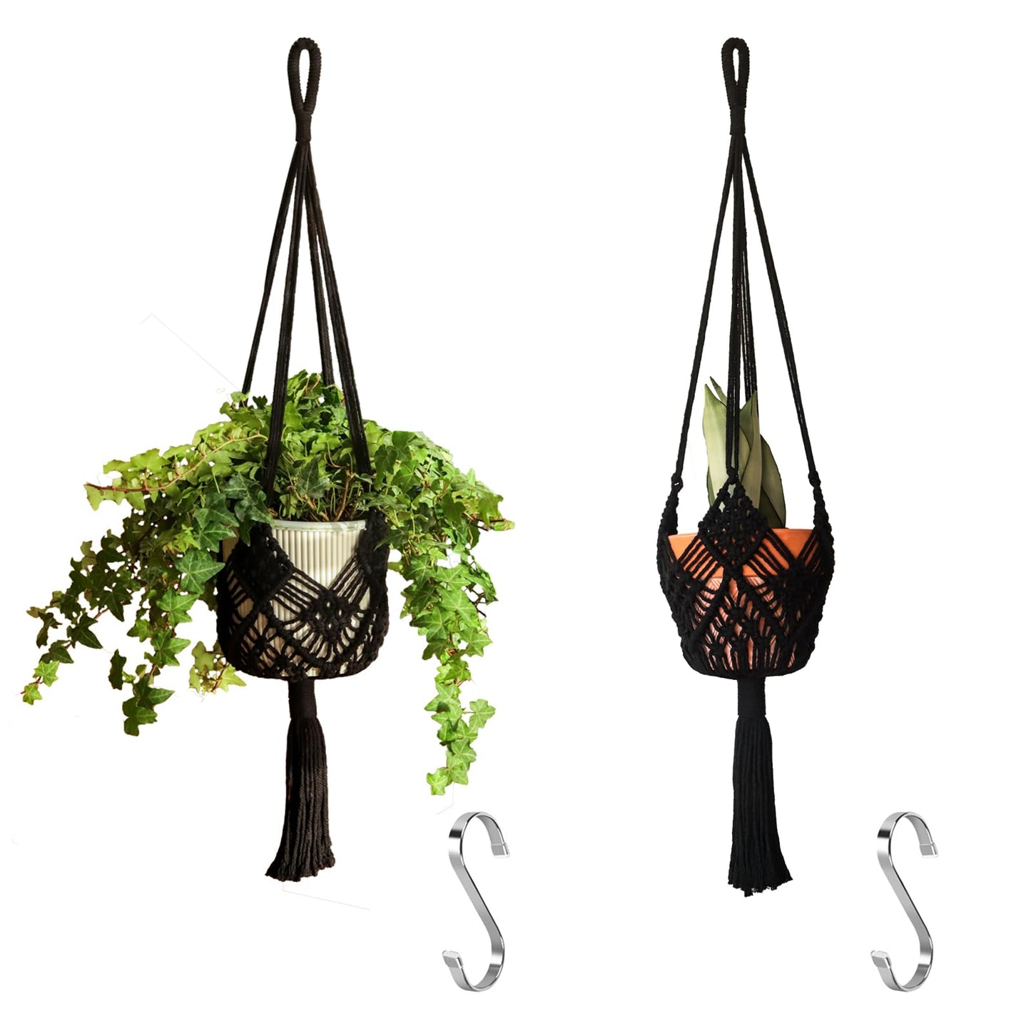 XINBOR Hanging Planter with Patterns,2Packs Macrame Plant Hangers Indoor Macrame for up to 8 inch Pot Crochet Boho Plant Hanger Holder for Indoor Outdoor with 2S Shaped Stainless Steel Hooks (Black)