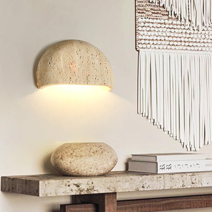 WOSBO Yellow Travertine Wall Sconce, 7.87" Wabi Sabi Light Fixture with Half Moon Natural Stone Lampshade Japanese Style Marble Wall Sconce Perfect for Kitchen Island Bedroom Living Room Farmhouse