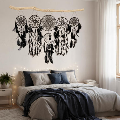 5 Pack Black Dream Catchers Boho Wall Decor Macrame Wall Hanging Large Moon Phase Handmade Traditional Dream Catcher for Bedroom Adult Living Room Home Halloween Decorations,Witchy Gifts(Black Set)