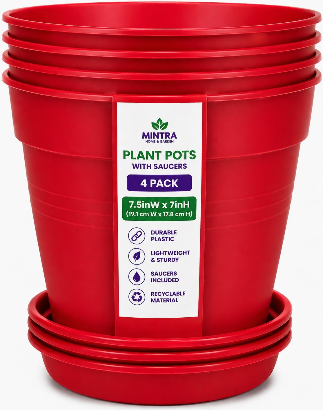 Mintra Garden Pots, 4 Pack Bulk Plastic Plant Pots with Drainage Tray, Round Indoor & Outdoor Decorative Planters with Drain Holes for Flowers, Herbs & Plants, 19cm Diameter – Red, 7.5 in