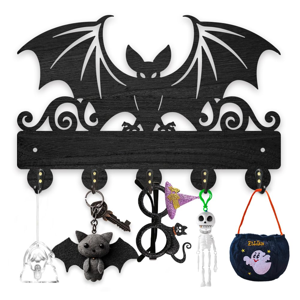 MAYJOYDIY Wood Bat Wall Key Hook Halloween Animal Theme Key Holder 11.8x7.9in Wall Art Decor Black Key Rack Organizer 5 Alloy Hooks for Gift, Hallway, Home Decor, Bag, Towel Hanging