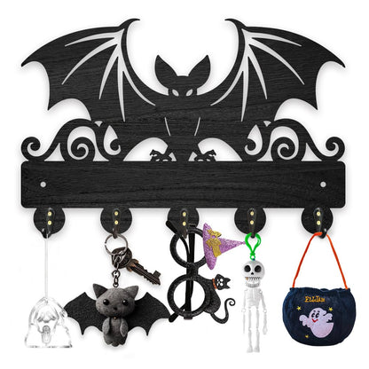 MAYJOYDIY Wood Bat Wall Key Hook Halloween Animal Theme Key Holder 11.8x7.9in Wall Art Decor Black Key Rack Organizer 5 Alloy Hooks for Gift, Hallway, Home Decor, Bag, Towel Hanging