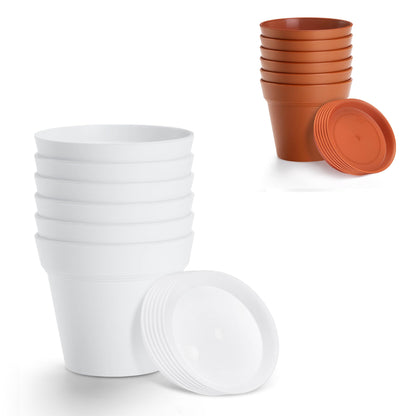 FHWTY 6 Pack 4in Plastic Plant Pots Terracotta & 6 Pack 4in Plastic Plant Pots White