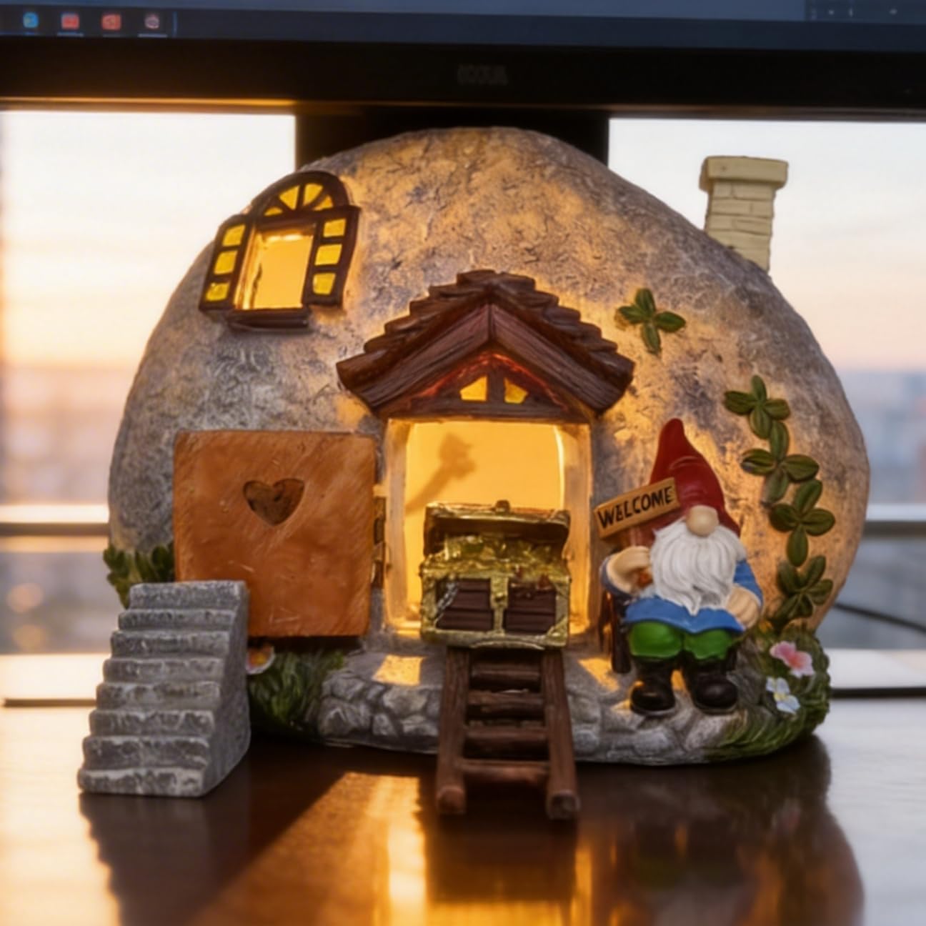 QCF Fairy Garden Accessories Gnome House 4 Pcs Kit, Solar Statues with Openable Door for Yard Lawn Patio, Resin Stone Houses, Treasure chest, staircase, ladder Figurines, Birthday Gifts Idea for Women