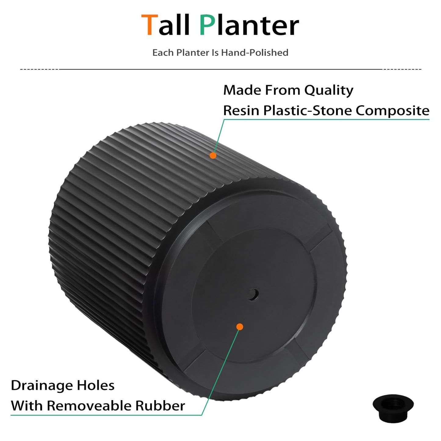 Heyzier Round Planter Outdoor Indoor, Large Plant Pots for Porch, Patio, Backyard, Modern Decor for Tall Plants, Flowers (Vertical Black, 16 inch - 2 Pack)