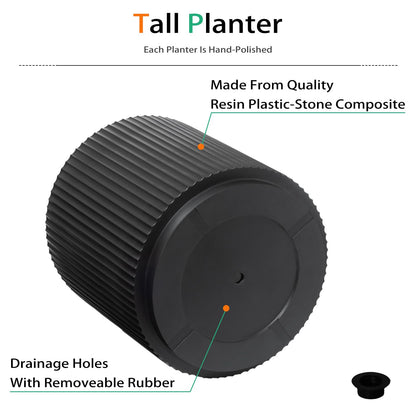 Heyzier Round Planter Outdoor Indoor, Large Plant Pots for Porch, Patio, Backyard, Modern Decor for Tall Plants, Flowers (Vertical Black, 16 inch - 2 Pack)