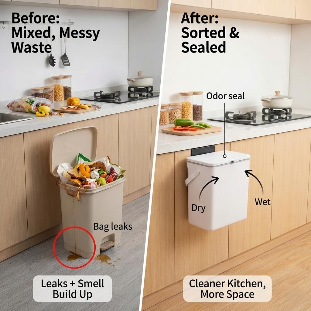 TOSCARA 3.2 Galoon Kitchen Compost Bin with lid | Odorless Hanging Trash Can with Sliding Lid for Dry & Wet Waste – 12 L Wall-Mounted Garbage Can for Kitchen Cabinet. Under Sink Trash can for Office.
