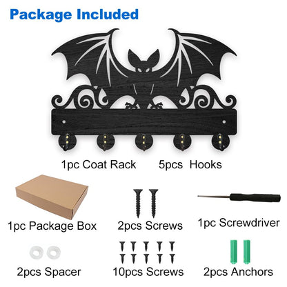 MAYJOYDIY Wood Bat Wall Key Hook Halloween Animal Theme Key Holder 11.8x7.9in Wall Art Decor Black Key Rack Organizer 5 Alloy Hooks for Gift, Hallway, Home Decor, Bag, Towel Hanging