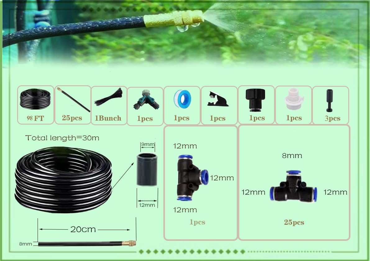 New drip Irrigation kit, Automatic Garden Watering System, Quick Connector and 360-degree Bending Dropper atomizing Copper Nozzle, Garden Plant Lawn Courtyard Watering System. (100FT)