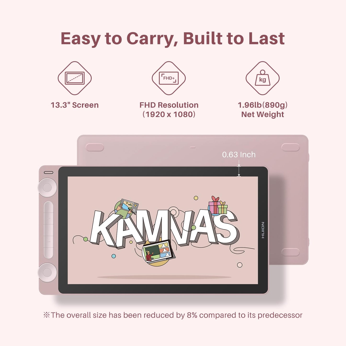 HUION Kamvas 13 (Gen 3) Drawing Tablet with Screen, Full-Laminated Graphic Tablet with Anti-Sparkle Canvas Glass, PenTech 4.0, 16384 Pen Pressure, Dual Dial & 5 Custom Keys for PC, Mac, Android, Pink