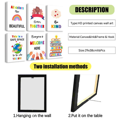 Classroom Canvas Wall Art, Kindness Diversity Canvas for Classroom Decorations，Teacher Canvas for Elementary Classroom Decor，Diversity Decorations for Classroom Canvas,Tabletop/Hanging，6-pack(29 x 38 cm) framed