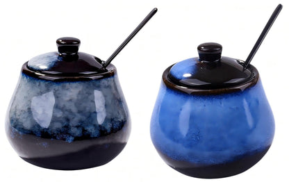 BOSILI Ceramic Sugar Bowl Set of 2, Reactive Glaze Sugar Containers with Lids and Stainless Steel Spoons, Kitchen Canisters for Sugar, Spices, Coffee and Tea
