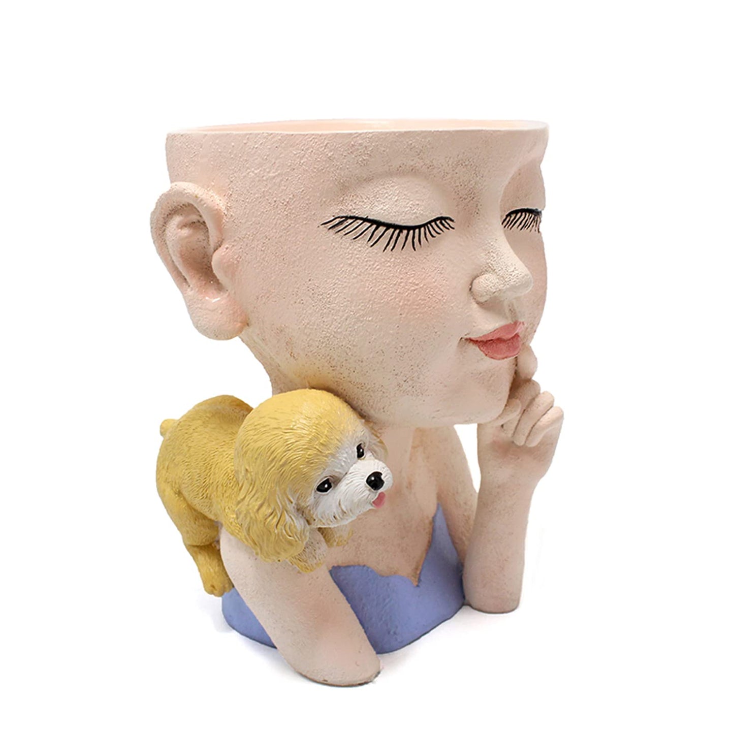 KOCNYDEY Face Flower Pot Cute Girl and Dog Planter Resin Lady face Head Planter Pot Closed Eyes Planter Pot with Drainage Hole Succulent Planter Pot for Plants Flower Cactus Garden Indoor Outdoor