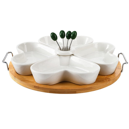 ZEAYEA 11 Inch Appetizer Serving Tray with Holder, Ceramic Divided Serving Platter with Food Picks for Christmas, Relish Tray for Chips and Dip, Veggies, Candy and Snacks, Parties, White