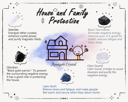 Apengshi Protection Crystal Stone Set for House and Family Protection Set of 5 Pieces Stone Black Tourmaline Clear Quartz Lapis Lazuli Obsidian and Selenite Healing Crystal Stones