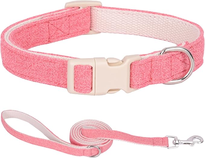 Cotton Hemp Dog Collar with Leash, Soft Adjustable Dog Collars with Plastic Safety Buckle, Cute Heavy Duty Pet Collar for Small Medium Large Dogs
