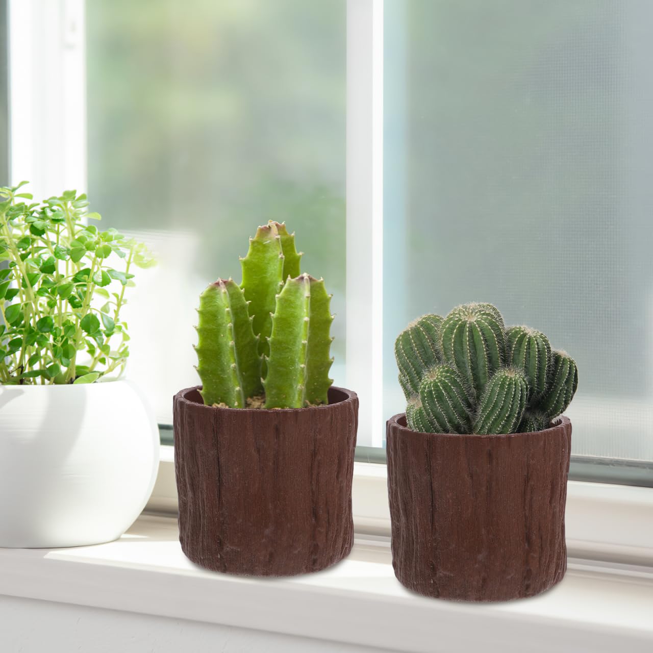 SHINEOFI 4pcs Mini Faux Wood Flower Pots Wooden Centerpieces for Tables Small Plastic Succulent Pots for Table Centerpiece Floral Boxes for Arrangements