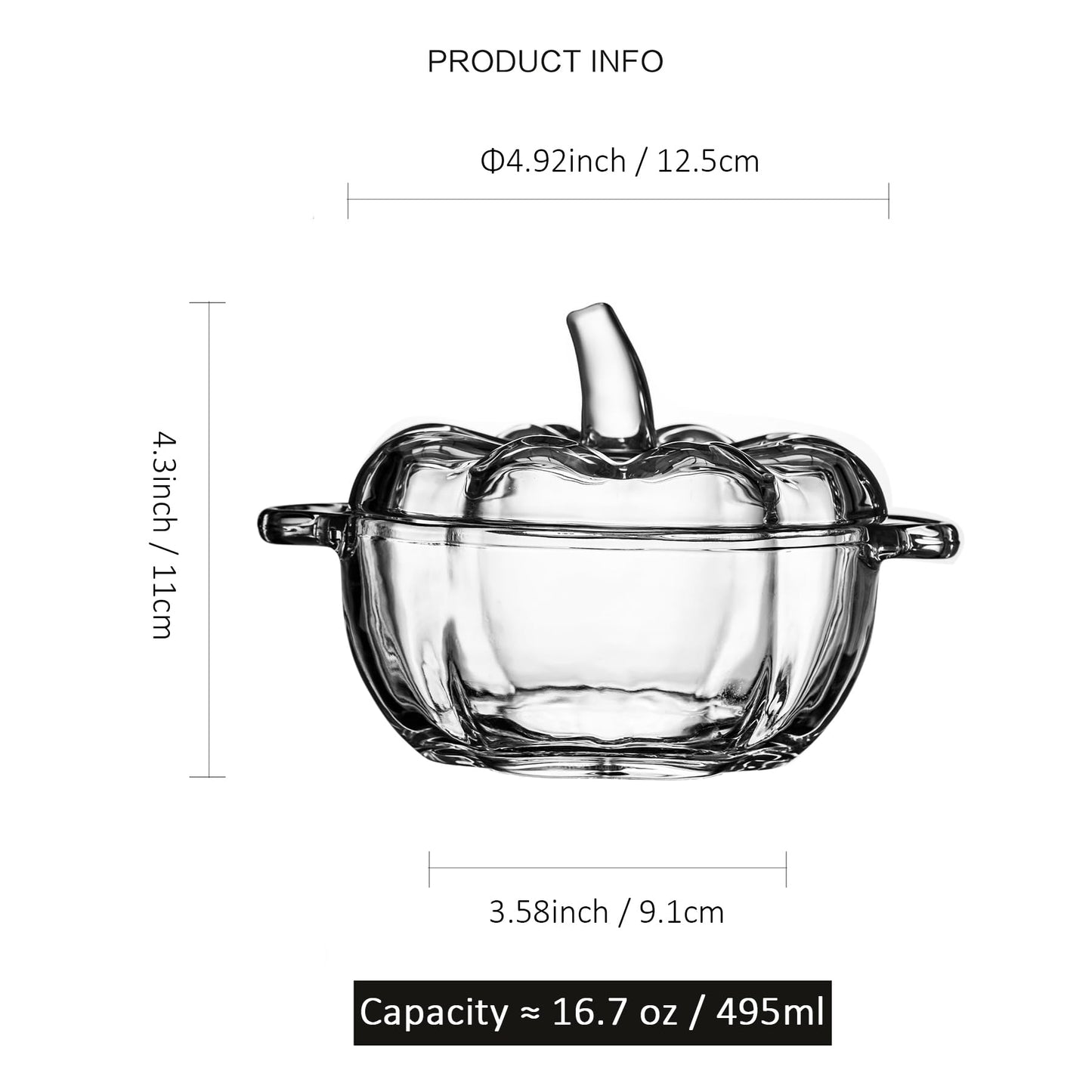 binsakao Small Glass Candy Dish with Lid - 16.7 oz Soup Bowls with Handle - Pumpkin Bowl for Holiday Party - Microwave Dishwasher Safe