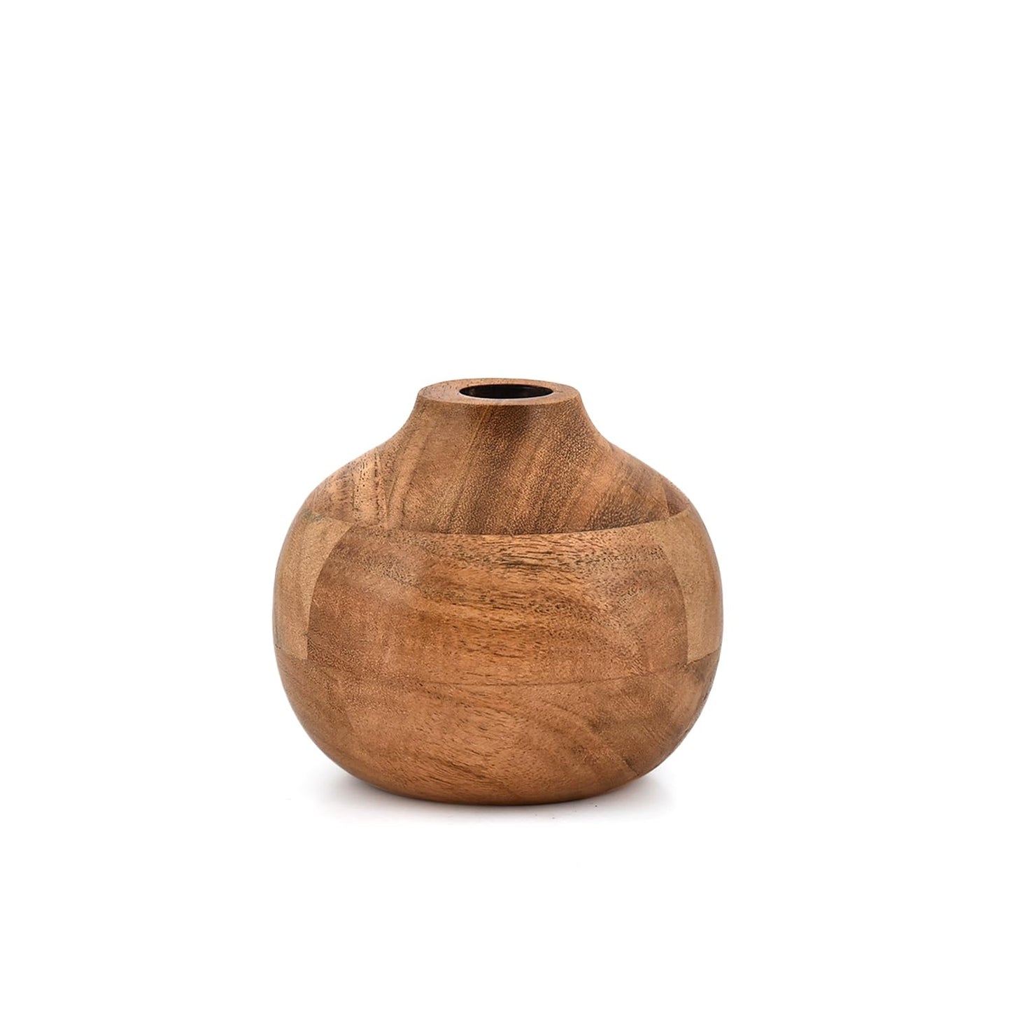 Mahasu Vases Acacia Wood Small Round Hand-Carved | Handmade Vase | Handmade Home Office Table Vase (4" X 4" X 4")