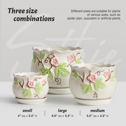 STHIE Ceramic Plant Pots with Drainage Holes and Saucers, Round Flower Pots for Indoor Plant, 4/5.2/6.6 Inches Vintage Flower Planters Set of 3