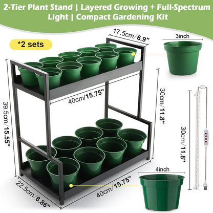 RooTrimmer 2-Pack Dual Tier Plant Stand with Grow Light and Green Plastic Nursery Pots for Plants, Indoor Gardening Kit for Herbs, Succulents, Seedlings & Small Plants Gardening Gifts