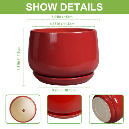 G EPGardening Ceramic Pot for Plants - 6 Inch Plant Pot with Drainage and Ceramic Tray, Modern Living Room Decor, Planter for Housewarming Gifts New Home, Red