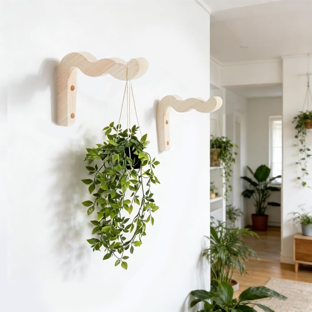 PH PandaHall 2 Sets Wooden Plant Hangers 7 Inch Wave-Shaped Hanging Hook Wall Mount Plants Hanger Indoor Outdoor Hanging Baskets for Wind Chimes Flower Pots Bird Feeders Garden Ornaments