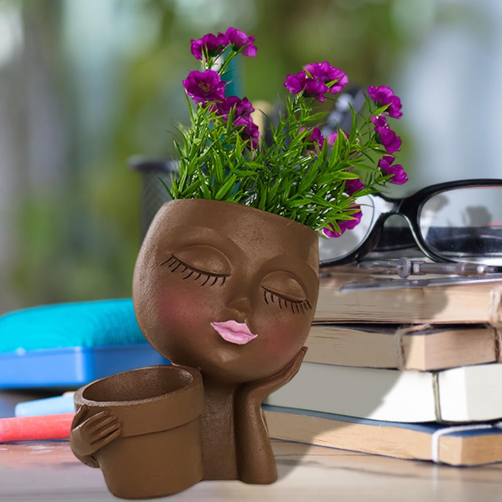 IUYYPU Face Planter for Succulents, Resin Lady Head Pot with 2 Planting Pockets and Drainage Holes, Approx. 6.3 x 4.3 x 6.7 in, Openings 3.2 in & 2.4 in, Brown