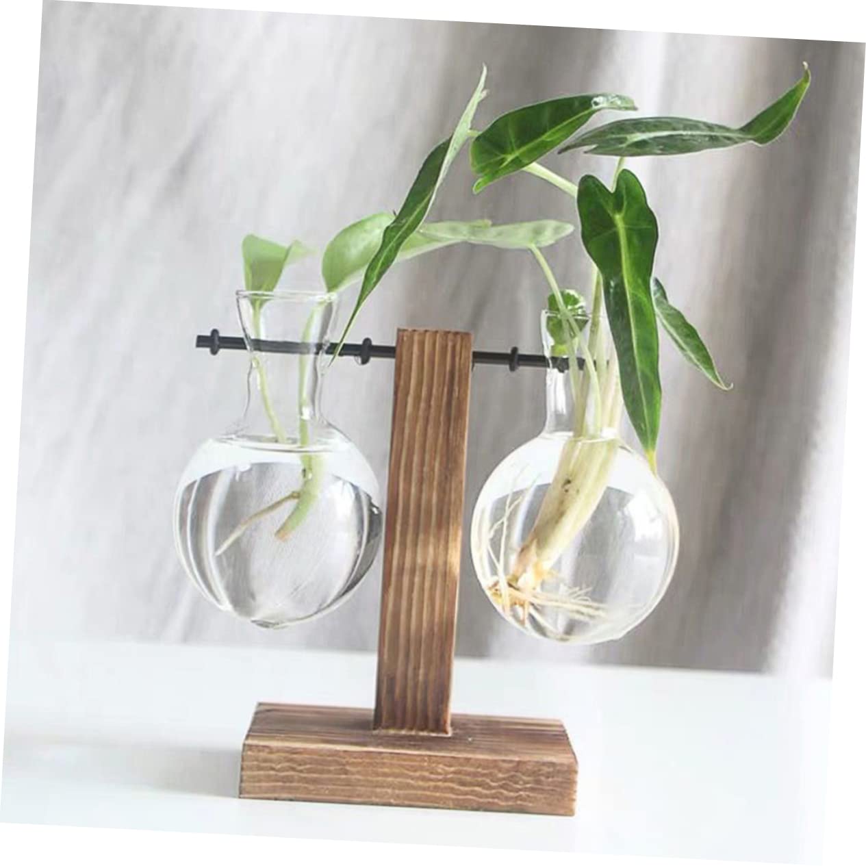 IWOWHERO 2pcs Elegant Hydroponic Plant Terrarium Stand Glass Vase Wooden Base Easy to Assemble for Home Office Decor