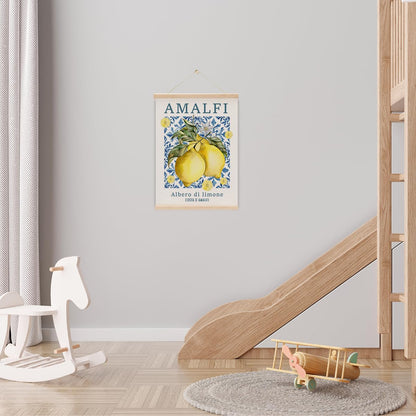 Italian Amalfi Coast Lemon Wall Art Poster Hanger, Blue Mediterranean Tiles Lemons Tree Italian Wall Art With Wooden Poster Hanger for Home Kitchen Living Room Dining Room Decor 15.8x11.8 Inch